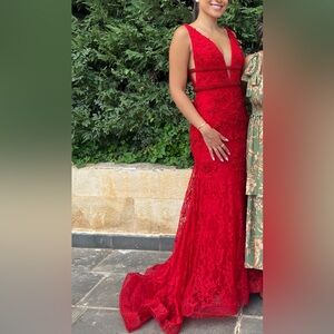 Mac Duggal Red Lace Plunge Neck Gown